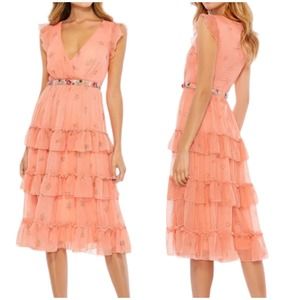 Mac Duggal NWOT Floral Print Ruffle Tiered Faux Wrap Dress Size 12 Peach Chiffon